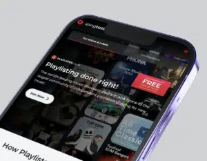 A smartphone screen displays the Songtool app, featuring a playlist discovery platform with music categories and a red banner advertising a free trial for new users.